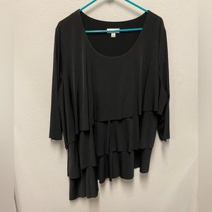 Susan Graver Plus Size 2X Black Cascading Ruffle Asymmetrical Top.